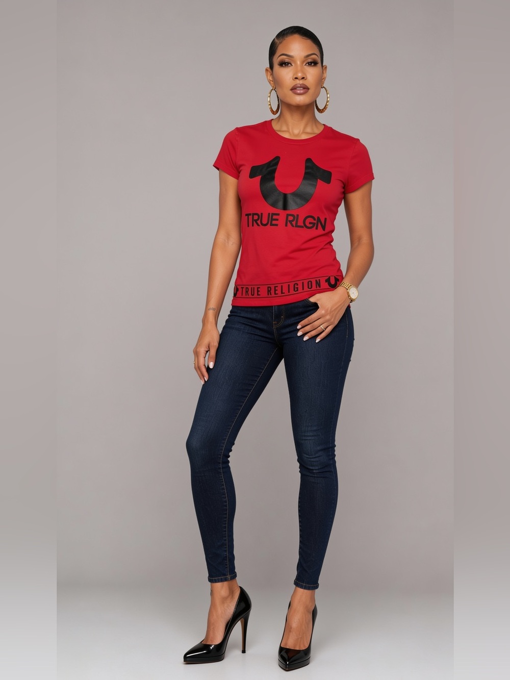 True Religion Red Logo Tee with Black Graphic